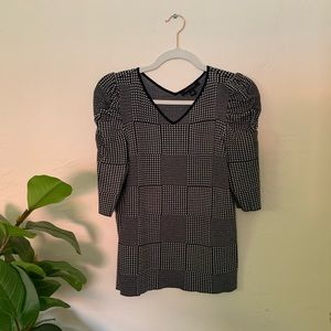 Ann Taylor Plaid Black and White Puffy Sleeve Top Size Medium